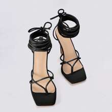 Women's Square Toe Lace Up Heeled Sandals Leg-Lengthening Strappy Heels For Slim Look Party Dress Shoes Christmas Gift & New Year Gift - 黑色 - 查看 5
