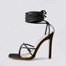 Women's Square Toe Lace Up Heeled Sandals Leg-Lengthening Strappy Heels For Slim Look Party Dress Shoes Christmas Gift & New Year Gift - 黑色 - 查看 4