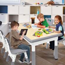 LILIIN Children's Table Children's Seating Group With 4 Chairs Plastic Gray Chair Height Adjustable Children's Table Set Seating Group For Boys And Girls Aged 2-10 Years