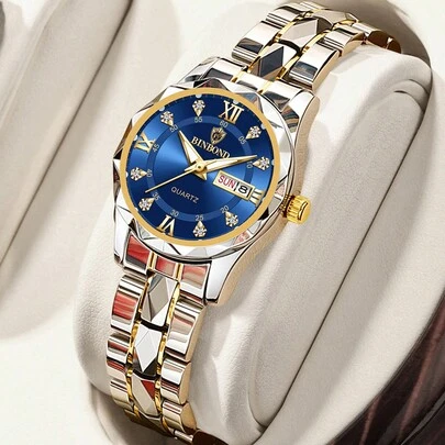  BINBOND Luxury Gold Quartz Watch Women's Fashion Women's Watch Waterproof Night Light Stainless Steel Business Leisure Dual Calendar Women's Watch