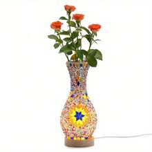 Turkish Moroccan Lamp ,Colorful Mosaic Vase Lamp With Wood Base, Handmade Turkish Moroccan Table Lamp For Farmhouse Living Room Or Bedroom Decor - Orange - View 7