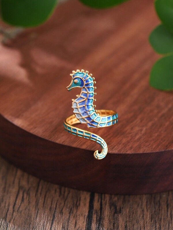 1 Peça Anel Ajustável Abertura Decorada com Cavalos-marinhos Esmaltados em Aço Inoxidável Azul Retrô Charmoso de Design Criativo Original para Mulheres/Garotas, Adequado para Uso Diário de Verão, Festas, Encontros e Presentes