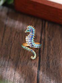 1 Peça Anel Ajustável Abertura Decorada com Cavalos-marinhos Esmaltados em Aço Inoxidável Azul Retrô Charmoso de Design Criativo Original para Mulheres/Garotas, Adequado para Uso Diário de Verão, Festas, Encontros e Presentes