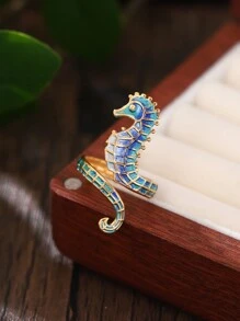 1 Peça Anel Ajustável Abertura Decorada com Cavalos-marinhos Esmaltados em Aço Inoxidável Azul Retrô Charmoso de Design Criativo Original para Mulheres/Garotas, Adequado para Uso Diário de Verão, Festas, Encontros e Presentes