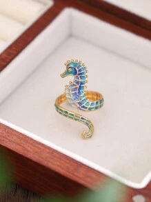 1 Peça Anel Ajustável Abertura Decorada com Cavalos-marinhos Esmaltados em Aço Inoxidável Azul Retrô Charmoso de Design Criativo Original para Mulheres/Garotas, Adequado para Uso Diário de Verão, Festas, Encontros e Presentes