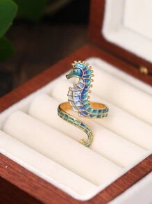 1 Peça Anel Ajustável Abertura Decorada com Cavalos-marinhos Esmaltados em Aço Inoxidável Azul Retrô Charmoso de Design Criativo Original para Mulheres/Garotas, Adequado para Uso Diário de Verão, Festas, Encontros e Presentes