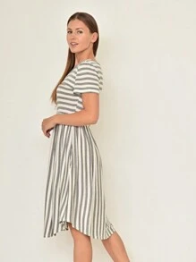 Vintage Boho Summer Fall Mustard Grey Red Blue Black Green Stripe Swing T Shirt Sleeve Southern Dress | Small-3 XL Plus - Xám - Xem 2