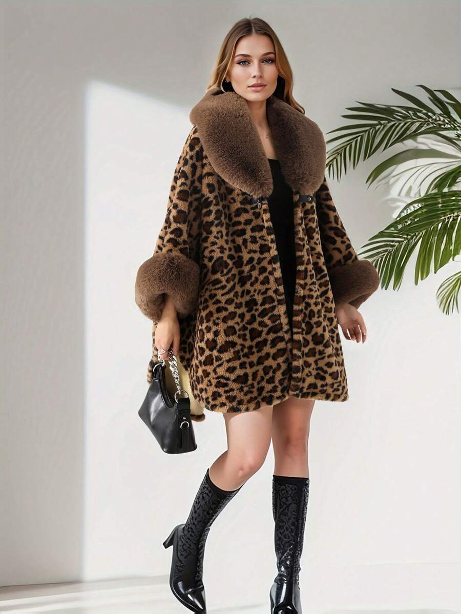 1 Peça Poncho de Outono/Inverno, Tecido de Poliéster, Casaco Folgado Grosso e Longo com Gola Cowl Oversized, Estampa de Vaca, Zebra, Impressão de Pele de Leopardo Falsa