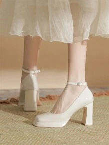 Women's Low Vamp Chunky Heel High Heels, Pointed Toe Patent Leather Pumps With Waterproof Platform And Buckle Strap