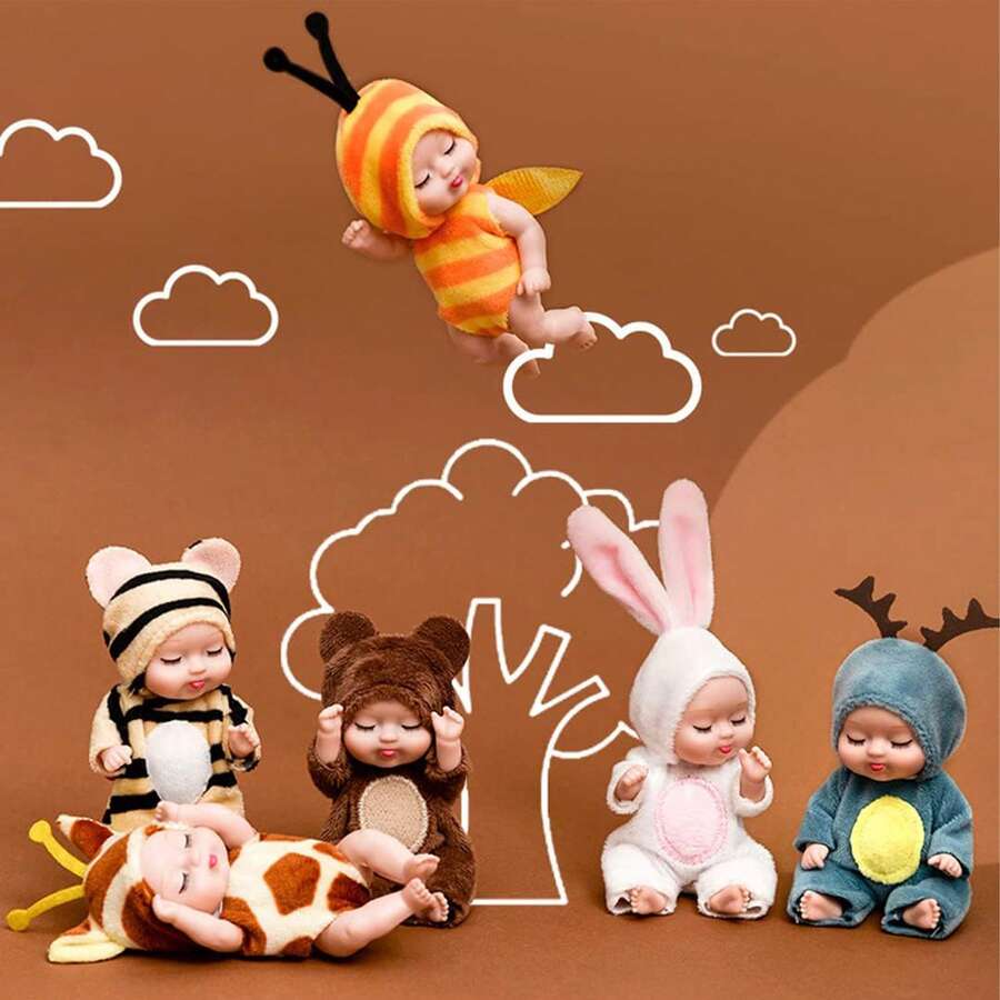 1 set (6 piezas Muñecas) Mini muñeca de simulación con ropa de animales, Set de juguetes para dormir en una caja - color carne - Ver 1