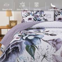 3 Pieces Purple Flower Quilt Sets Queen King Bedspread Coverlet Set ,Soft Lightweight Microfiber Bedding Set For All Season 96"X90",104"X90 - Purple - View 4