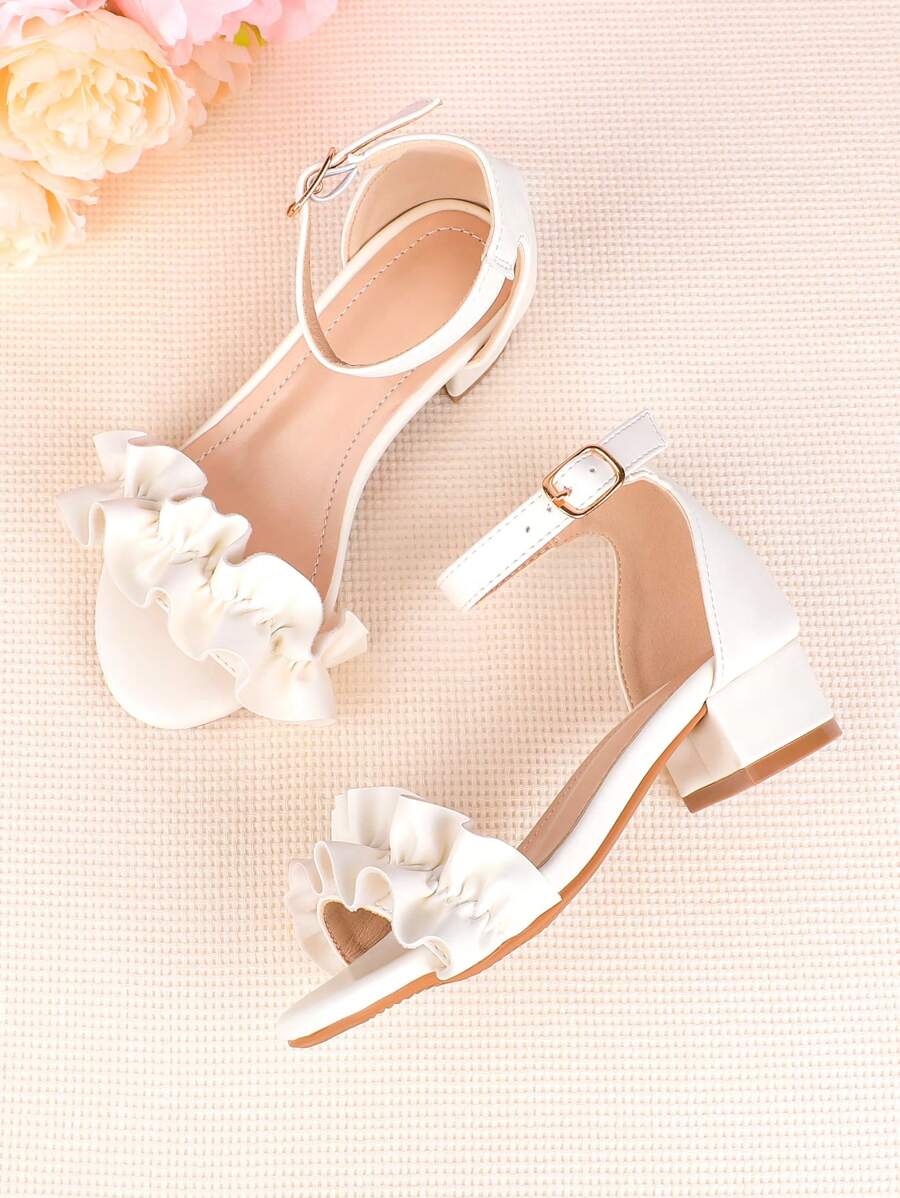 Girls' Princess Sandals With Chunky/ Low Heels, Open Toe, For Wedding/Banquet/Flower Girl, Mid/Large Sizes - White - View 1