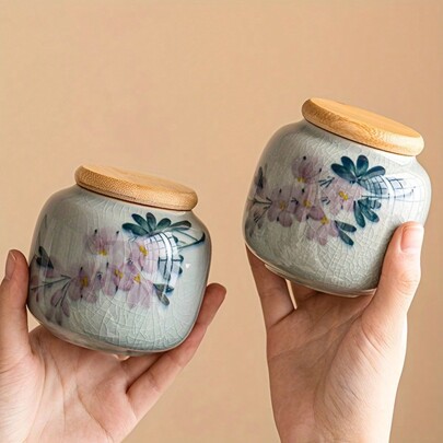 1pc Vintage Warm Yellow Enamel Enamel Jar Ceramic Tea Jar, Moisture-Proof Portable Airtight Storage Jar, Perfect For Dining Table And Office Decoration, Gift For Dad, Tea Accessories Back To School