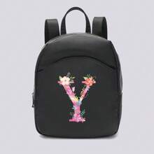 时尚小背包运动包防水背包女士户外购物拉链背包尼龙背包休闲书包适用于旅行骑行运动徒步旅行露营首字母名称 A 到 Z 粉色字母花卉印花，Tready 背包，学校包，学校包，返校背包，学校书包，大背包，大容量，便携，适合青少年女孩女大学生，非常适合返校、开学第一天、大学、中学、高中 - 黑色 - 查看 33