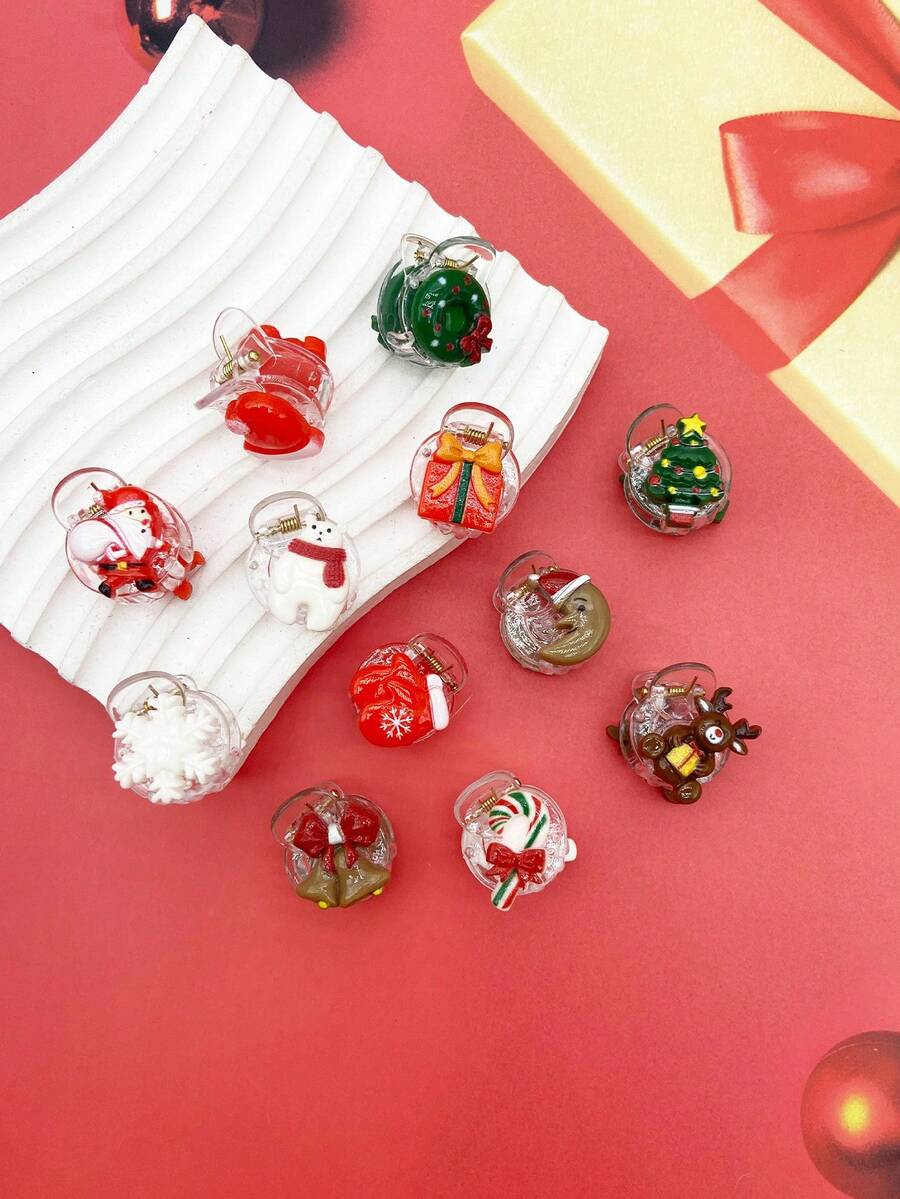 12 chiếc kẹp tóc mini trong suốt hình ông già Noel, tuần lộc, bông tuyết, kẹo, cây thông Noel, chuông, mũ, tất, quà tặng, ngôi sao, mặt trăng cho phụ nữ - Nhiều màu - Xem 1