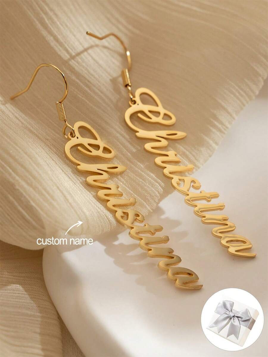 1 对简约定制名字耳环，垂直个性化名字耳环，字母组合名字耳环，送给妈妈的生日礼物，圣诞节礼物，母亲节礼物 - 金色 - 查看 1