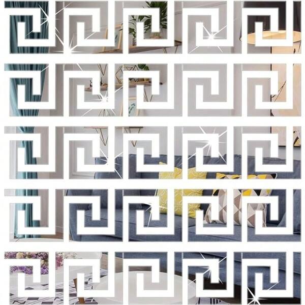 10 pièces Autocollants muraux en miroir acrylique, autocollants muraux miroir grecs géométriques amovibles, autocollants muraux en miroir pour la décoration d'intérieur du salon, chambre à coucher, esthétique de la décoration de chambre