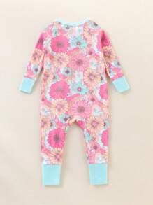 Snug Fit Baby Girls' Ditsy Floral Color Block Long Sleeve Zipper Jumpsuit