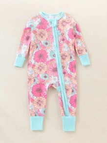 Snug Fit Baby Girls' Ditsy Floral Color Block Long Sleeve Zipper Jumpsuit