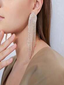 Bridal Wedding Party Hyper Flashy Chain & Water Drop Shaped Rhinestone Earrings - Gold - View 5