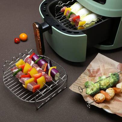 1pc Stainless Steel Air Fryer Rack With 3 Or 4 Skewers,Mulitpurpose Grill,Double Layer Air Fryer Holder,Mom Gift,Kitchen Gadgets,Kitchen Stuff,Kitchen
