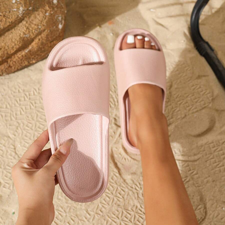 新時尚簡單條紋皮革和人造皮革紋理EVA拖鞋，適用於室內、浴室、室外和客人，Ins風格，輕盈、舒適和柔軟 - 粉色 - 查看 1