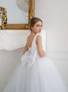 Teen Girl White Tulle Party Dress, Suitable For Middle And Birthday Performance Or Gathering