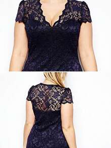 Vestido de encaje de color sólido, manga corta, Bonito, talla grande, con cuello en V - Azul - Ver 6