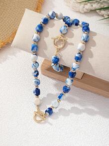 日韩时尚复古波西米亚风陶瓷蓝色不对称石串珠项链颈链，串珠手链适合日常婚礼晚宴海滩派对夏季度假 - 藍色 - 查看 2