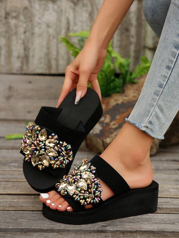 Women's Thick Sole Black Sandals, Fashionable Lightweight Slippers, Comfortable Outdoor Beach Open Toe Sandals, Women's 3D Flower Decor Double Strap Platform Wedge Sandals