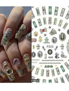 2 hojas de calcomanías de arte de uñas con diseño de billetes de dólar - Calcomanías autoadhesivas de arte de uñas con billetes de dólar y adornos brillantes, calcomanías de plástico de alto brillo con forma de dibujos animados asimétricos para superficies de plástico, F523XF3399