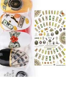 2 hojas de calcomanías de arte de uñas con diseño de billetes de dólar - Calcomanías autoadhesivas de arte de uñas con billetes de dólar y adornos brillantes, calcomanías de plástico de alto brillo con forma de dibujos animados asimétricos para superficies de plástico, F523XF3399