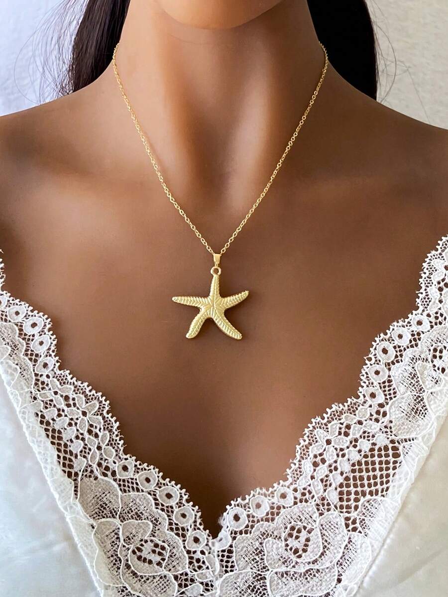 1 buah Kalung Bintang Laut Logam Modis, Kalung Liontin Bintang Bertema Laut untuk Liburan, Aksesori Harian Populer Eropa dan Amerika untuk Wanita - bintang laut melengkung emas - View 1