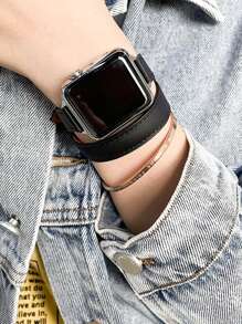 1pc Apple Watch Band,Women'S Elegant And Fashionable Black Doubleloop Leather Strap, Compatible With Apple Watch Size 38/40/41/42/44/45/49mm Ultra2/Se/9/ 8/7/6/5/4/3/2/1 Series,Apple Watch Strap.