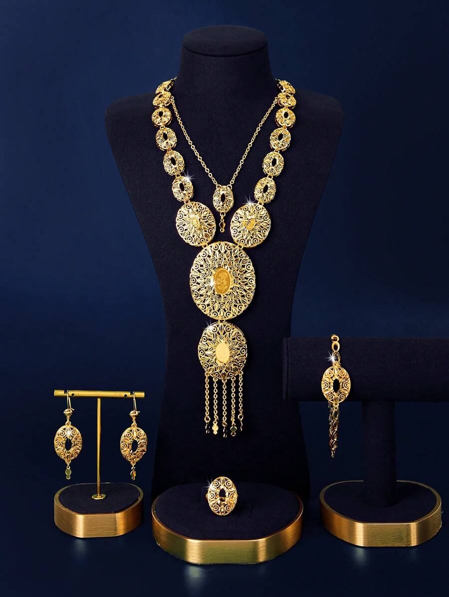 1 Set Middle Eastern Style, Minimalist, Sweet, Exaggerated Design Golden Copper Fashionable, High-End, Retro Jewelry Accessories Including Necklace, Bracelet, Ring, Earrings, Suitable For Women Outdoor Casual Party, Daily Dates, Christmas And Other Holidays Gift, Girlfriend, Parents Gift