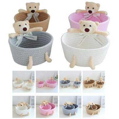 سلة تخزين مُنسوجة يدويًا بحبال، سلة تخزين متنوعة على الطاولة بشكل دب جميل، سلة فرز للردهة وجانب السرير