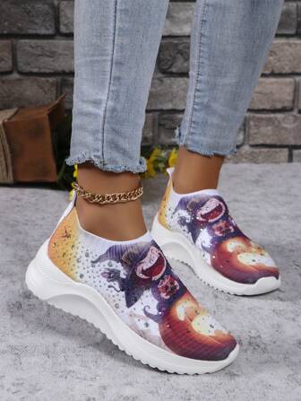 Halloween Style Knitted Women's Breathable Sports Sneakers, With Flat Shiny Rhinestone Casual Shoes