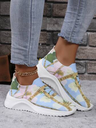Breathable Flower Printed Knit Women's Sports Shoes, Fall 2024 Lightweight Non-Slip Flat Casual Shoes