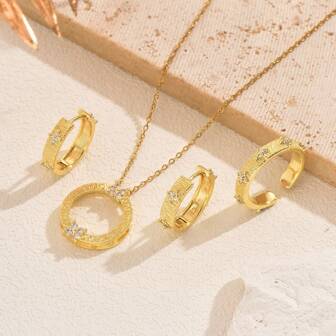 4入組立體切割鋯石圓頸鍊、耳環和戒指套裝，鍍金不銹鋼INS法式優雅復古韓式時尚配飾，適用於日常穿著、街頭風格、工作、派對、慶祝活動和節日，優雅的女士禮物