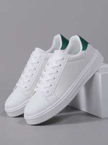 Men's Casual Flat Shoes With Round Toe And Lace-Up Soft Sole, White PU Leather Low Top Sneakers For Spring And Autumn