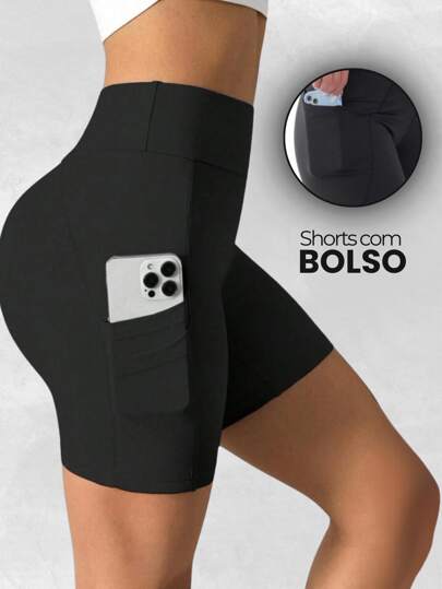 Shorts bermuda fitness com BOLSO cintura alta para academia ciclismo ginastica e atividade ar livre
