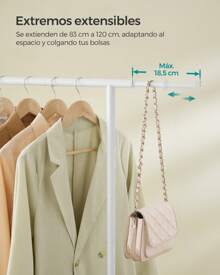 SONGMICS Burro para Ropa, Tendedero, Perchero, Barra Colgante Extensible, Almacenamiento de Ropa con Ruedas, 45 kg Carga Máx., 40 x (83-112) x 156 cm, Blanco Nube - Blanco - Ver 3