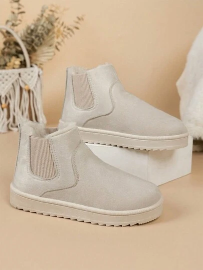 冬季新款圓頭短靴，厚實毛絨內裡，防滑柔軟平底，舒適戶外休閒女式雪地靴