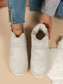 冬季新款圓頭短靴，厚實毛絨內裡，防滑柔軟平底，舒適戶外休閒女式雪地靴 - 米色 - 查看 3