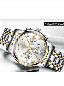 FNGEEN 1pc Men Watch Stainless Steel Luxury Hidden Clasp Button Waterproof Luminous Date Sports Watch - White - View 3