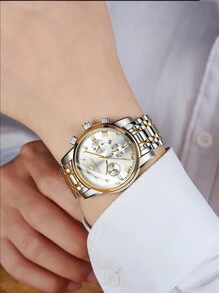 FNGEEN 1pc Men Watch Stainless Steel Luxury Hidden Clasp Button Waterproof Luminous Date Sports Watch - White - View 5