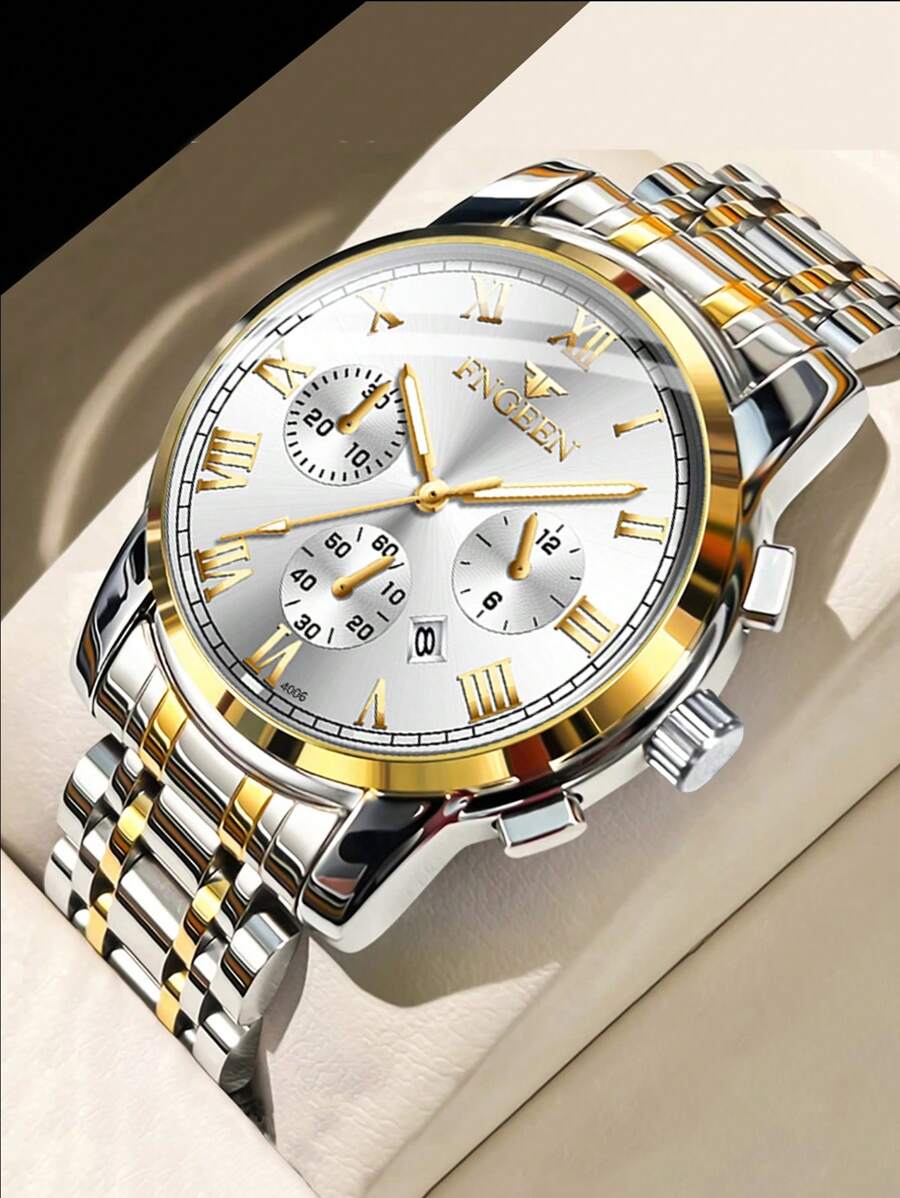 FNGEEN 1pc Men Watch Stainless Steel Luxury Hidden Clasp Button Waterproof Luminous Date Sports Watch