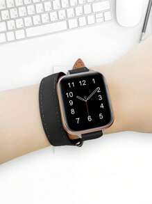 1pc Apple Watch Band,Women'S Elegant And Fashionable Black Doubleloop Leather Strap, Compatible With Apple Watch Size 38/40/41/42/44/45/49mm Ultra2/Se/9/ 8/7/6/5/4/3/2/1 Series,Apple Watch Strap.