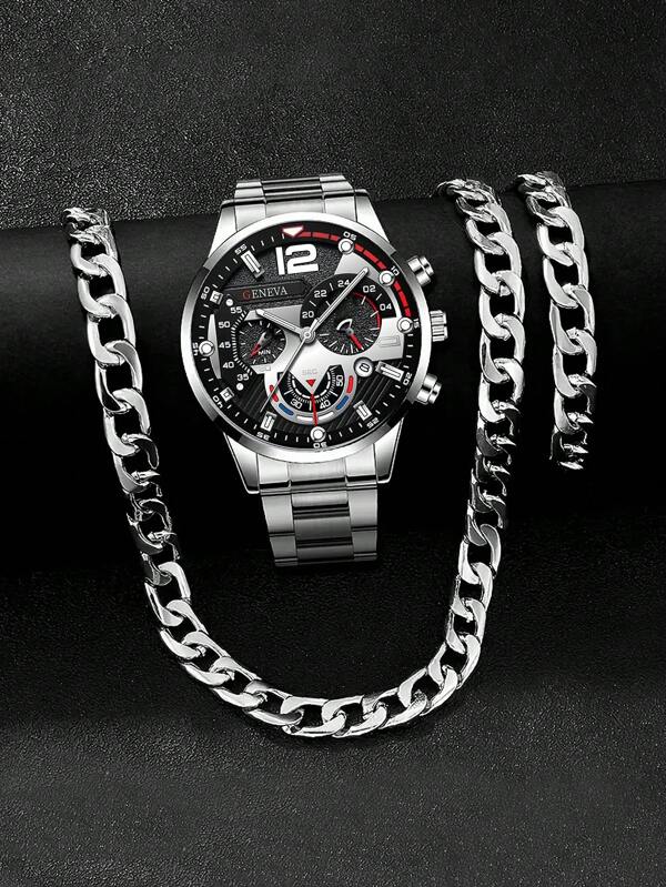 3pcs/Set Boys' Casual Sports Stainless Steel Quartz Watch And Bracelet & Necklace Set