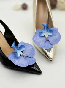 1pair Blue Butterfly Orchid Artificial Flower Shoe Clip 3D Film For Headbands, Clothing, Shoes, Hats Decoration Accessories - Blue - View 1